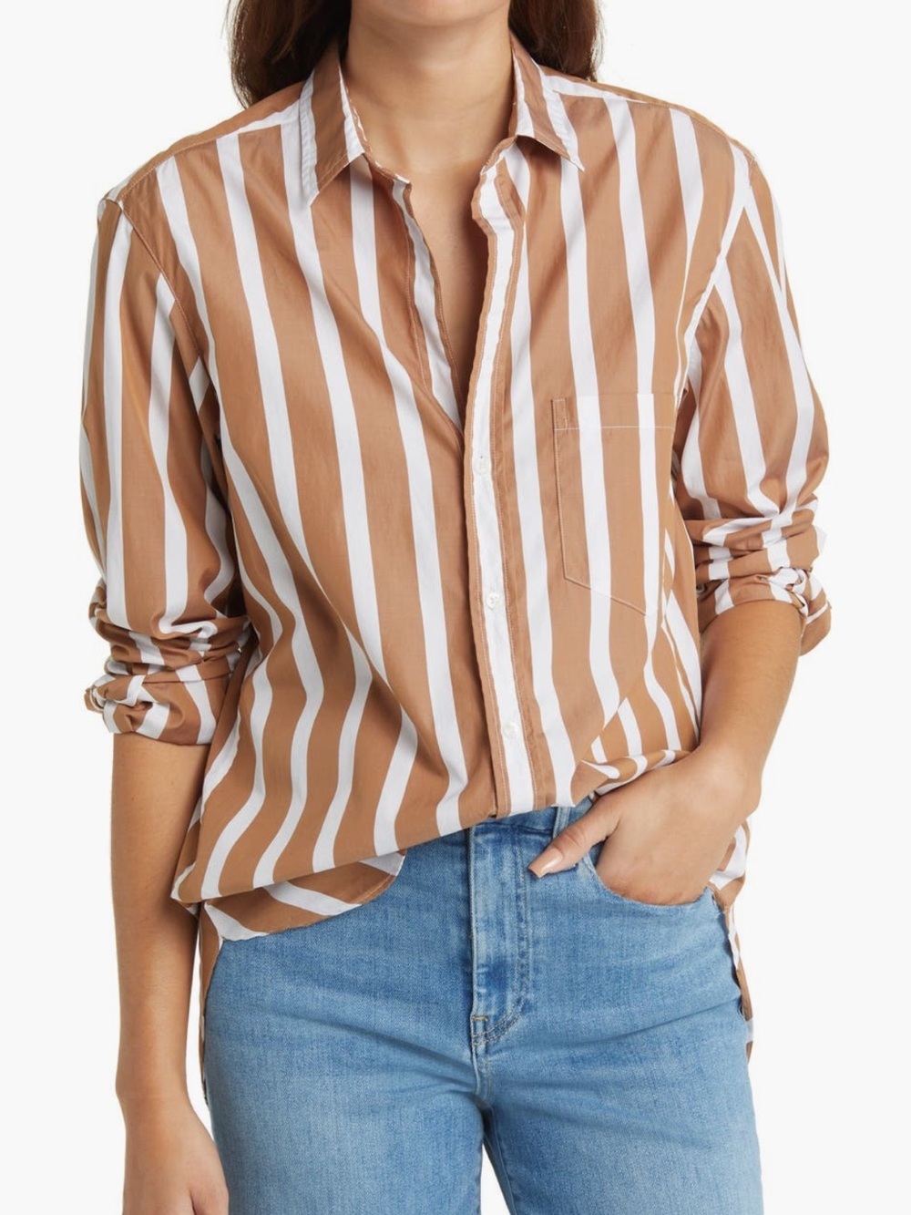 Frank and Eileen Joedy Stripe
Boyfriend Button-Up Shirt in Tan and White
